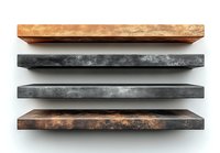 Empty wooden and metal shelves on white wall, rustic industrial style floating shelves with distressed texture and weathered finish for modern home decor.