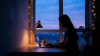Young woman working late at night on laptop by window with city lights and warm desk lamp creating cozy home office atmosphere for remote work productivity.