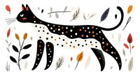 Stylized black cat with orange polka dots walking among autumn leaves and botanical elements on white background, folk art inspired pattern for seasonal designs.