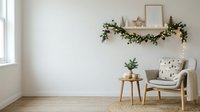 Scandinavian interior with wooden armchair, small side table, potted plant, and decorative garland on white wall shelf, suitable for home decor and design projects.