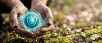 Close-up of male hands holding glowing water droplet symbol over moss-covered ground, representing environmental conservation, sustainability, eco-friendly technology, and nature protection concepts.