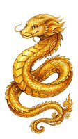 Golden dragon with scaled body and flowing mane, isolated on white background. Ornamental Asian mythical creature design suitable for tattoo art, clipart, apparel graphics.