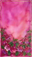 Vibrant watercolor background with fuchsia flowers and gold outlines, rich pink magenta tones, lush green leaves, elegant botanical art for cards and prints.