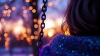 Woman in sparkly blue outfit sitting on swing at sunset with bokeh lights creating dreamy atmosphere.