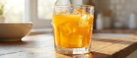 Refreshing orange juice with ice cubes in a glass on a wooden surface, sunlit kitchen background, summer drink concept.