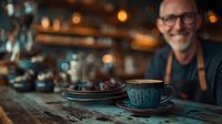 Smiling mature Caucasian male barista in apron working behind coffee shop counter with steaming espresso cup in foreground during evening service.