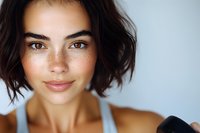 Young mixed race woman with freckles and brown eyes smiling at camera, wearing casual tank top against light background. Natural beauty portrait with soft lighting.