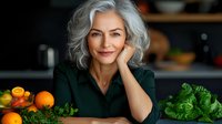 Elegant mature Caucasian woman with silver gray hair and green blouse smiling in kitchen, fresh citrus fruits and vegetables on table, healthy lifestyle concept.