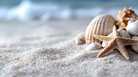 Starfish and seashells on sandy beach with soft blurred ocean waves background, natural coastal composition in warm beige tones creates serene summer mood.