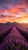 Stunning lavender field rows stretching toward mountains under dramatic sunset sky with vibrant orange, pink and purple clouds creating romantic agricultural landscape.