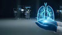 Medical professional holding glowing holographic lungs in modern healthcare facility for respiratory system analysis and pulmonary medicine research.
