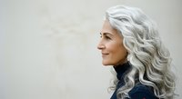 Senior woman with long wavy silver hair in profile, wearing dark clothing against neutral background. Suitable for aging, beauty, wellness, and lifestyle content.