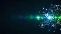 Digital healthcare technology background with glowing medical icons in hexagonal pattern on dark blue gradient for modern medicine presentations.