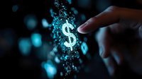 Glowing dollar sign with scattered blue particles touched by finger in dark background, representing digital finance and future of money technology.