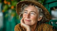 Senior woman with gray hair wearing straw hat smiling warmly in garden setting. Mature female gardener portrait with natural lighting and green foliage background.