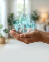 Hands holding glowing holographic family silhouettes representing life insurance protection and healthcare coverage in modern home interior.