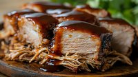 Succulent slow-cooked pork belly with crispy edges, glazed in rich brown sauce, served on wooden board with fresh herbs in background.