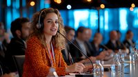 Young mixed race woman in orange sweater speaking at business conference panel, wearing headset microphone and name badge, with blurred audience background.