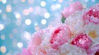 Delicate pink roses covered in sparkling frost crystals against soft blue bokeh background, creating magical winter garden atmosphere with dreamy light effects.