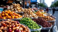 Fresh organic legumes, nuts, dried fruits and vegetables displayed at local farmers market stall, colorful healthy food ingredients in metal containers.