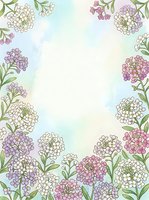 Delicate floral frame with pastel hydrangea flowers and green leaves on soft watercolor background for spring wedding invitations and greeting cards.