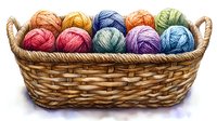 Colorful yarn balls arranged in woven wicker basket, featuring vibrant wool skeins in rainbow colors for knitting, crochet and craft projects. Isolated on white background.