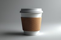 White paper coffee cup with brown protective sleeve holder on gray background, minimalist design for takeaway beverage packaging and branding mockup.