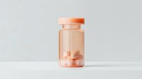Translucent peach-colored pill bottle with ribbed texture containing medication capsules against minimal white background for pharmaceutical advertising.
