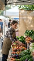 Female farmer arranging fresh organic tomatoes at outdoor farmers market stall with seasonal vegetables under tent canopy for healthy local food shopping.