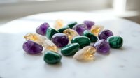 Collection of polished gemstones including amethyst, citrine and malachite crystals arranged on white marble surface for healing and meditation practices.