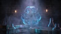 Futuristic holographic recycling symbol glowing in blue light with laboratory equipment and smoke effects for environmental technology concepts.