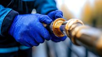 Close up view of hands in blue protective gloves working with brass industrial equipment, showing maintenance and repair process in manufacturing setting.