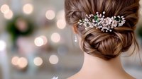 Elegant bridal hairstyle with pearl and crystal hair accessories shown from behind, featuring twisted low bun updo against soft bokeh background.