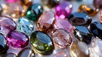 Colorful precious gemstones in oval cuts with brilliant facets catching light and creating sparkle, featuring pink, blue, green and amber tones. For jewelry design.
