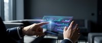 Hands holding transparent tablet displaying holographic data visualization and digital interface for technology, business analytics, and futuristic computing applications.