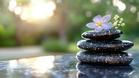 Zen stones pyramid with purple flower on top near water surface. Soft bokeh background with sunset light creates peaceful spa and wellness atmosphere.