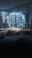 Businessman holding glowing digital globe with network connections in modern office representing global business technology and data management solutions.