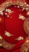 Luxurious red and gold Chinese New Year background with ornate dragons, cherry blossoms, traditional clouds and geometric patterns for festive celebrations.