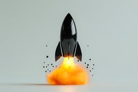 Black rocket launching with bright orange flame cloud against light background, minimalist composition for business growth and startup concepts.
