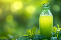 Fresh green smoothie in glass bottle with mint leaves on natural bokeh background, healthy detox drink for wellness and weight loss programs.