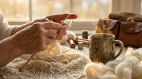 Senior woman knitting with yarn in cozy home setting with warm morning light and coffee mug on table creating peaceful domestic atmosphere for crafts.