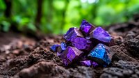 Vibrant purple and blue crystal cluster emerging from rich dark soil with natural green bokeh background for geology and mineral collection themes.