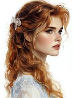 Young woman with flowing ginger hair and freckles in romantic style portrait wearing white lace dress and pearl hair accessory, side view against light background.