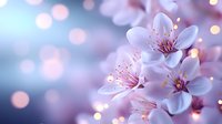 Delicate pink cherry blossoms with soft bokeh lights in background create dreamy spring atmosphere, macro photography with selective focus for nature designs.