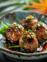Glazed Asian meatballs with herbs and sesame seeds served on ceramic plate with tropical garnish for restaurant menu and cooking blog content.