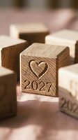 Wooden blocks with engraved heart and 2027 date on soft pink fabric background, symbolizing love, future planning, and new year celebrations for wedding and anniversary designs.
