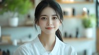 Young Asian woman with natural makeup and ponytail wearing white top in bright modern kitchen with blurred background.
