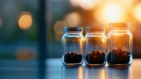 Coffee beans in glass jars at sunrise, warm morning light streaming through window creates magical bokeh effect and silhouettes aromatic roasted coffee.