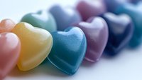 Colorful heart-shaped candies arranged in row with soft focus effect, showing pastel pink, yellow, blue and purple hues against white background. Sweet romantic concept.