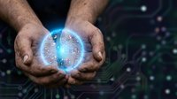 Hands holding glowing digital sphere with circuit board pattern, representing technology innovation, artificial intelligence, and future digital transformation for business concepts.